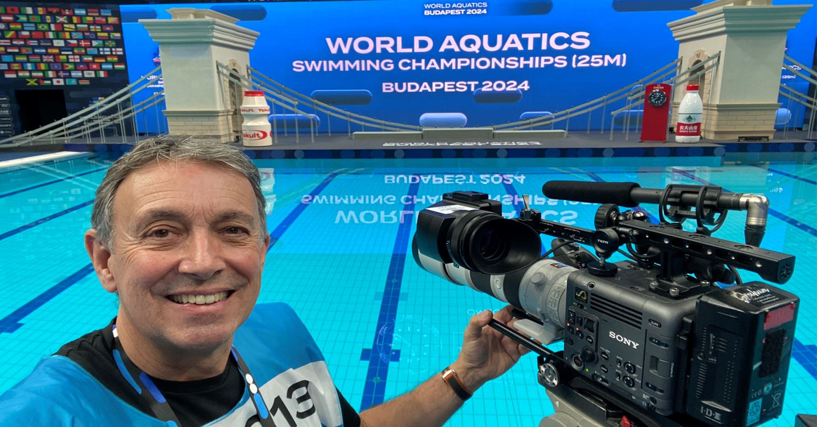 Graham Maunder with a Sony Burano at the World Aquatics Swimming Championships in Budapest, Hungary